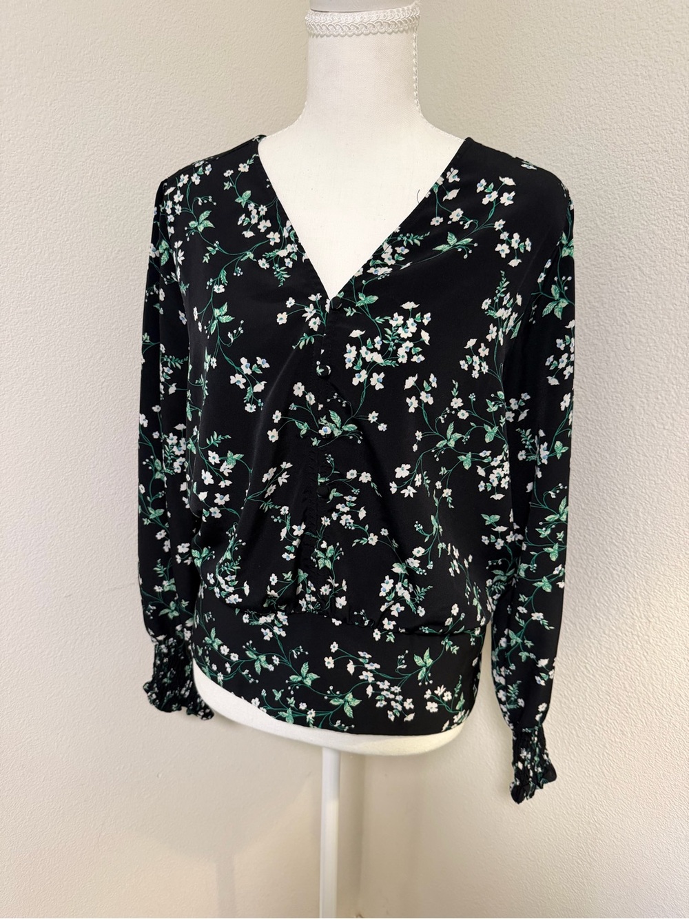 Karl Lagerfeld Black Floral V-Neck Blouse with Green Accents Smocked